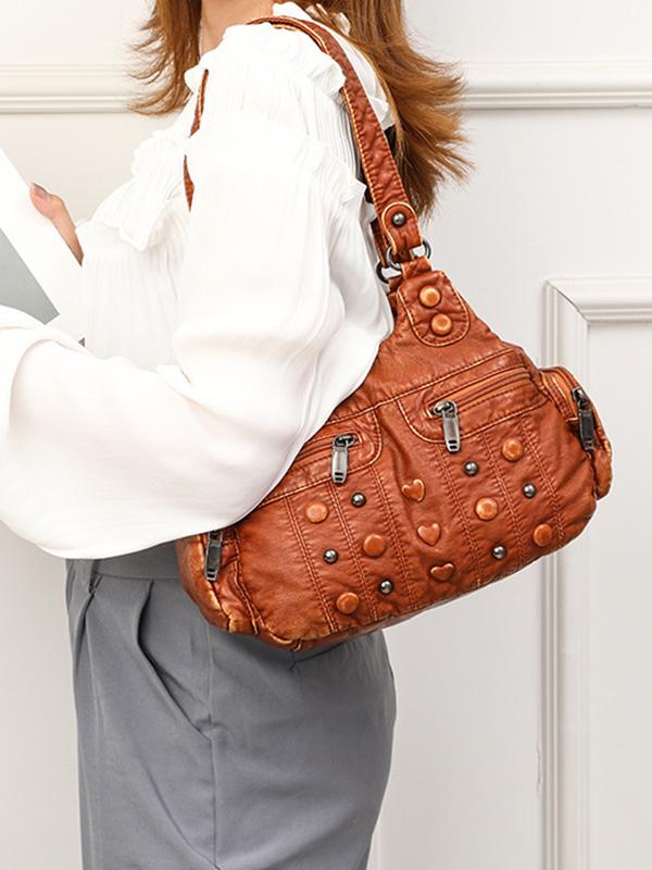 Heart Studded High Capacity Washed Leather Bag mySite