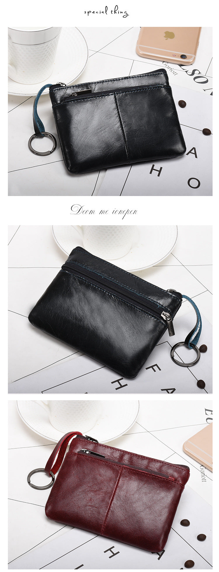 Retro zipper short cowhide small change card holder mySite