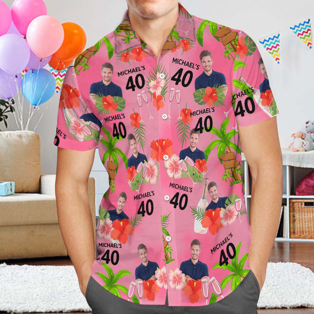 Custom Pink Date and Name Birthday Face Hawaiian Shirt Red Flower and