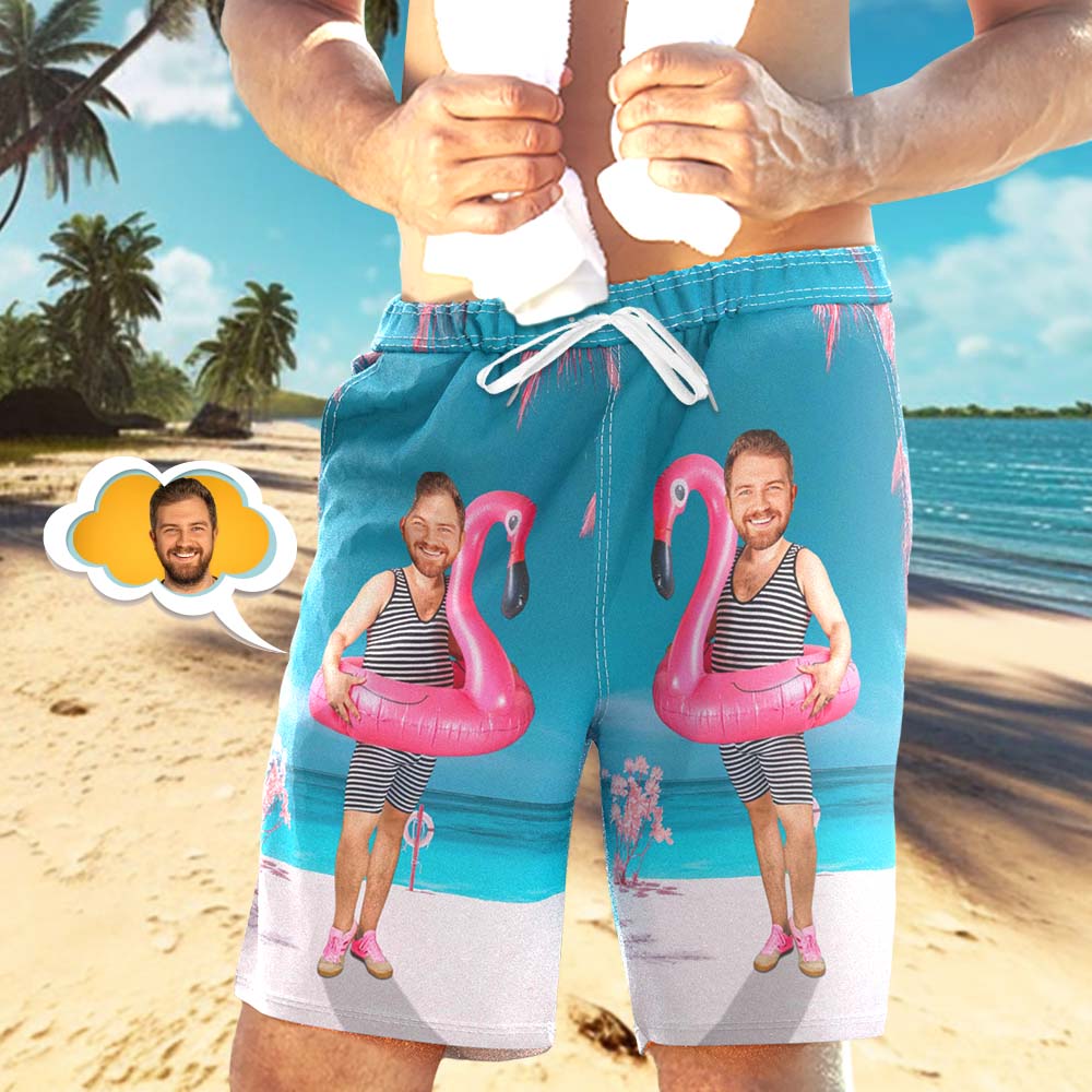 Custom Face Photo Men's Trunk Personalized Flamingo Swim Ring Beach Shorts