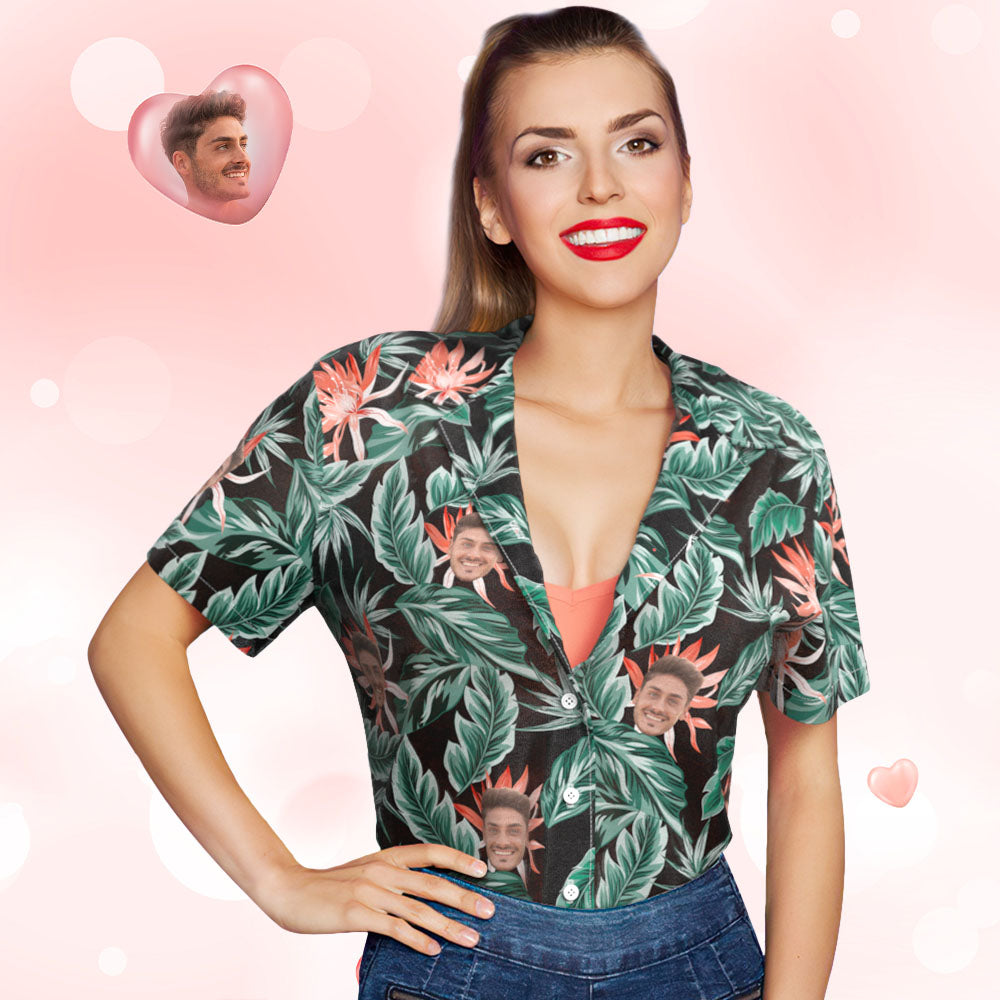 Custom Face Polo Shirts Personalized Women Photo Shirt Green Leaves Gift For Her - MyHawaiianShirtsAU