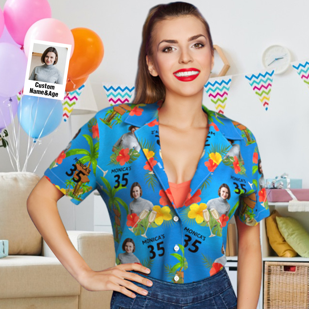 Custom Date and Name Face Hawaiian Shirt Birthday Hawaiian Shirt Red Flower and Palm Tree Shirt - MyHawaiianShirtsAU