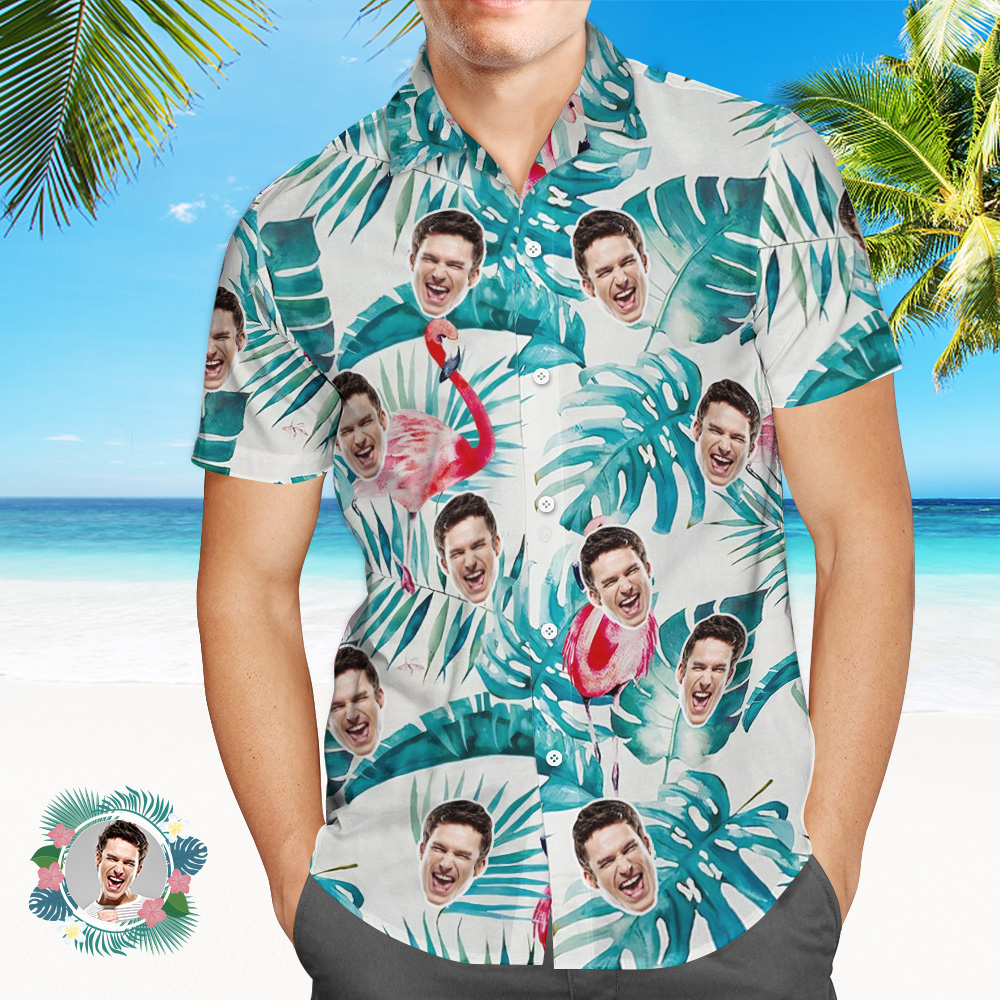 Custom Photo Hawaiian Shirt Personalized Face Flamingo Green Leaves Hawaiian Shirt - MyHawaiianShirtsAU