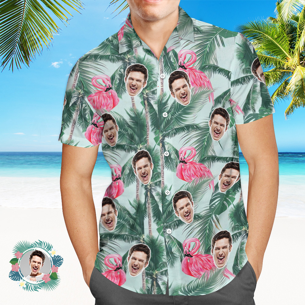 Custom Face Green Coconut Tree Hawaiian Shirt  Flamingo Hawaiian Shirt Gift For Him - MyHawaiianShirtsAU