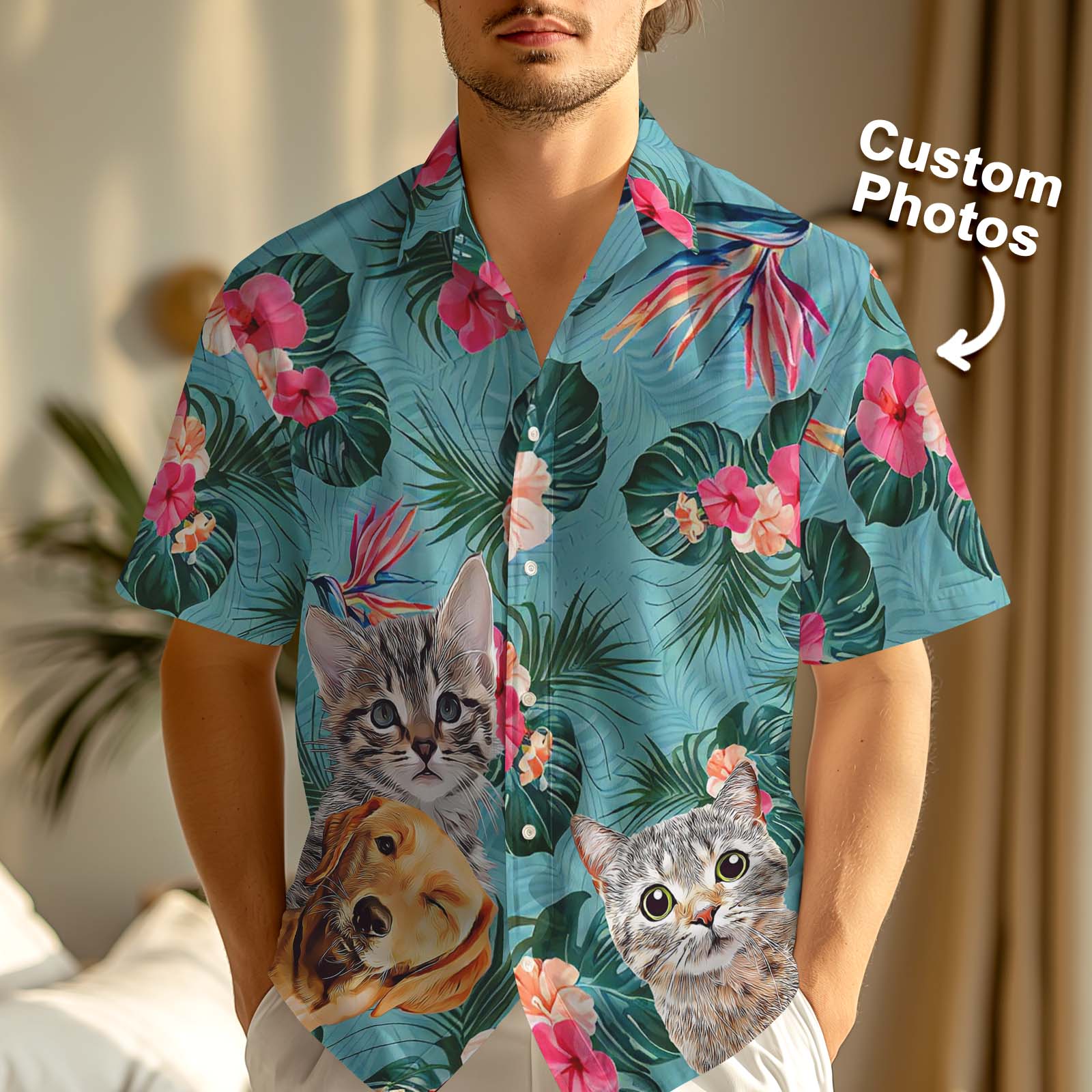 Custom Hawaiian Shirts Cartoon Effect Pet Photo Flowers And Leaves Personalized Face Hawaiian Shirt Gifts For Him - MyHawaiianShirtsAU