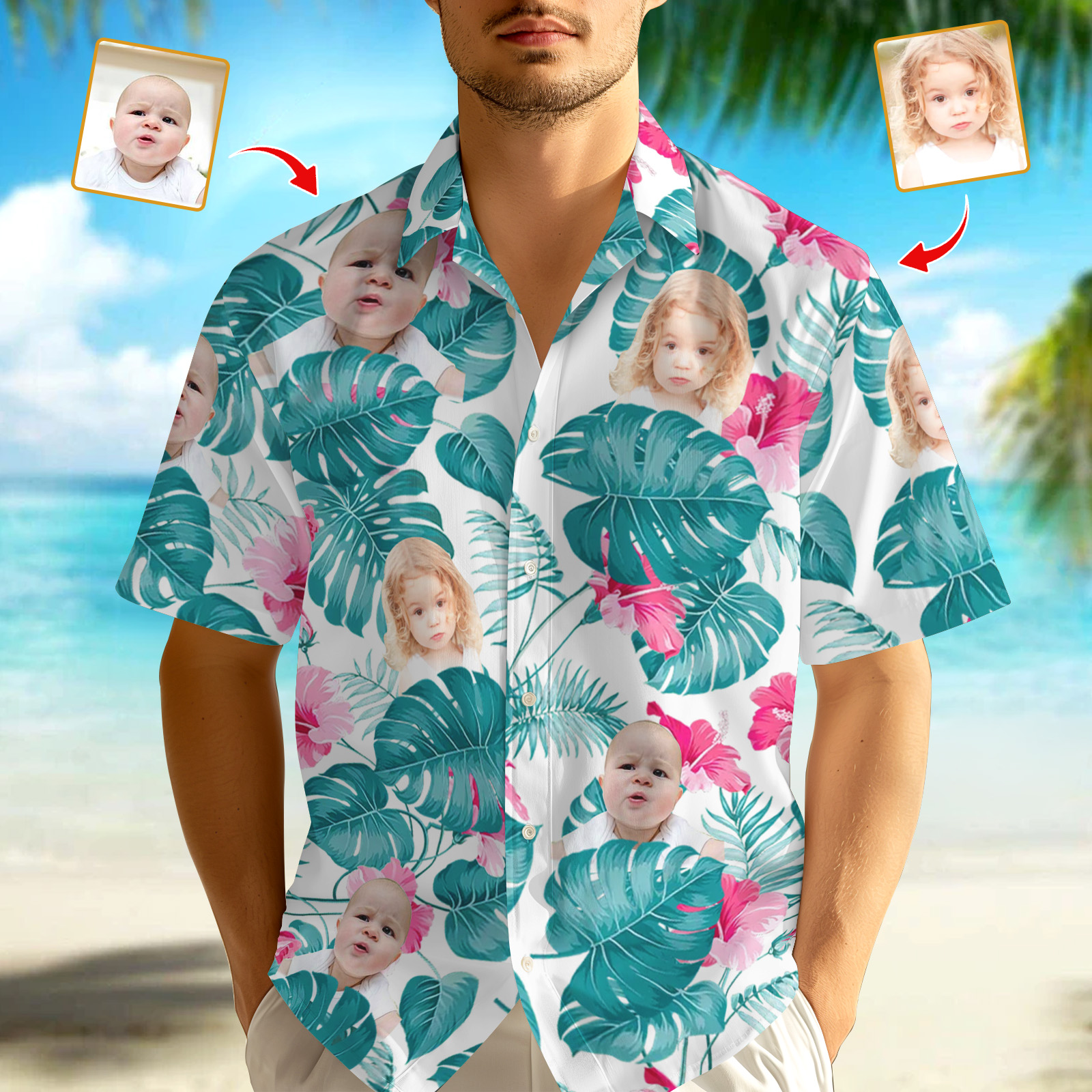 Custom Hawaiian Shirt Photo Leaves And Flower Hawaiian Shirt  Personalized Photo Hawaiian Shirt With 1-5 Photos - MyHawaiianShirtsAU