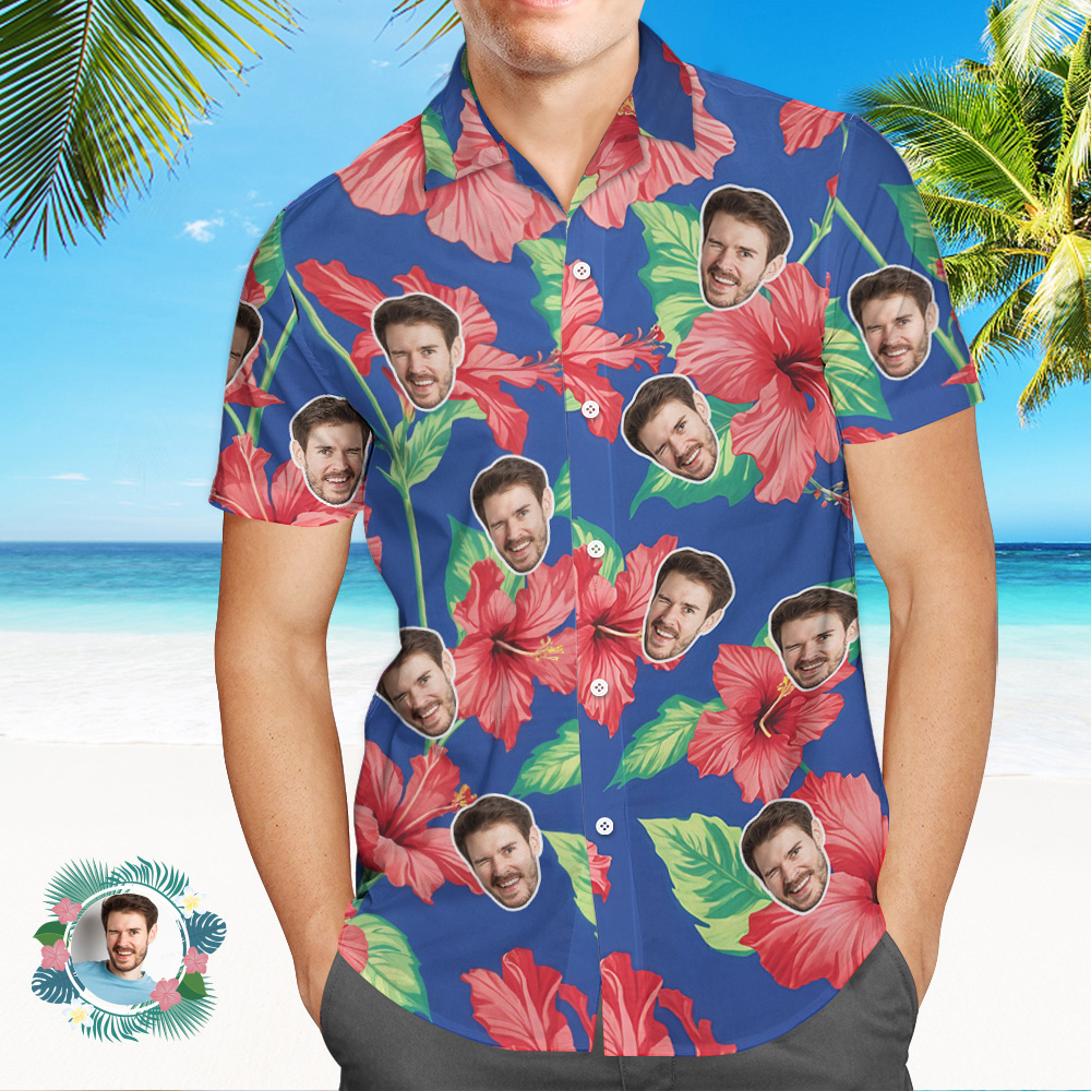 Custom Face Shirt Tropical Blue Passionate Red Flowers Hawaiian Casual Shirt - MyHawaiianShirtsAU