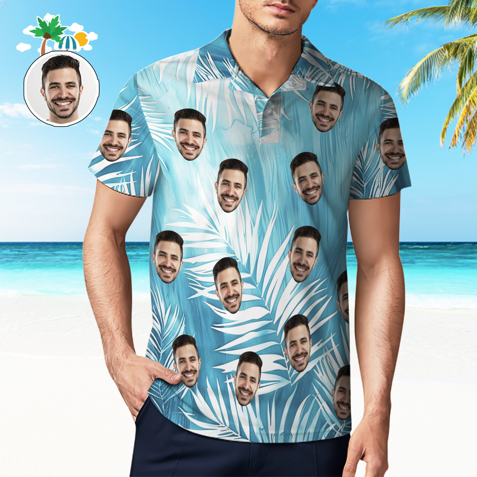 Custom Light Blue Hawaiian Golf Shirts Personalized Face Polo Shirt For Men Gifts For Him - MyHawaiianShirtsAU