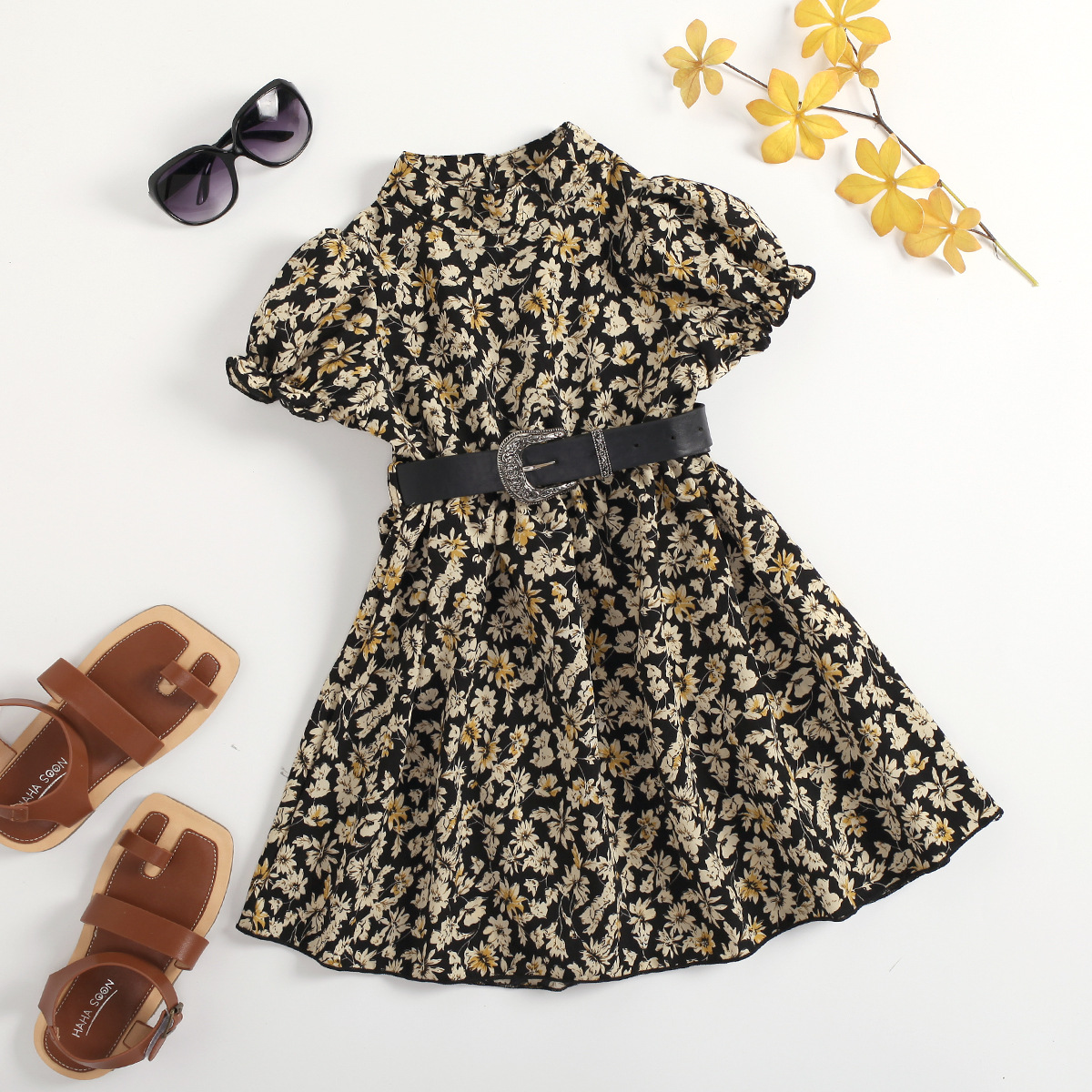 Toddler Girl Floral Pattern Belt & Dress Wholesale