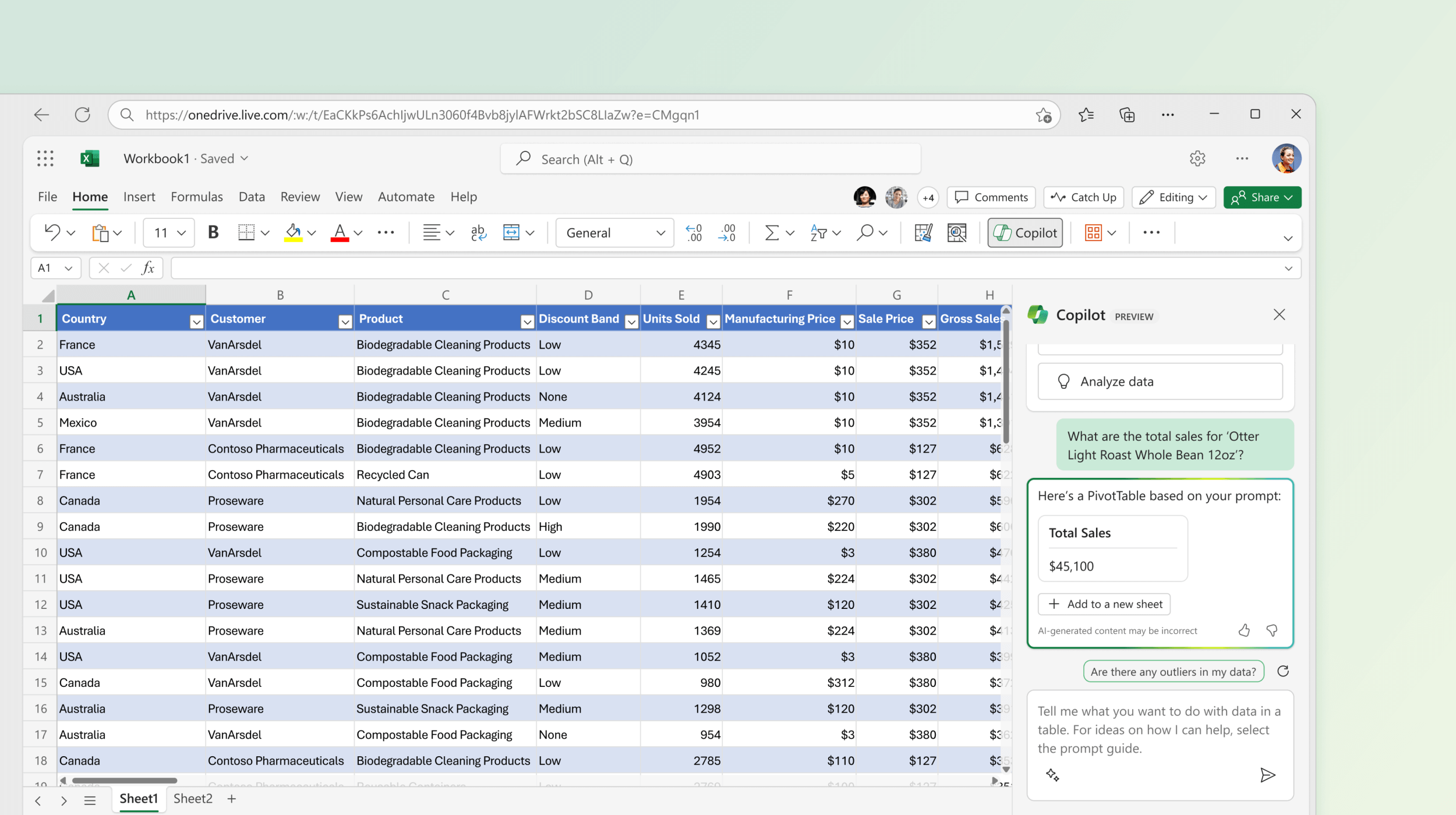 Screenshot shows Copilot in Excel suggesting a PivotTable based on existing data.
