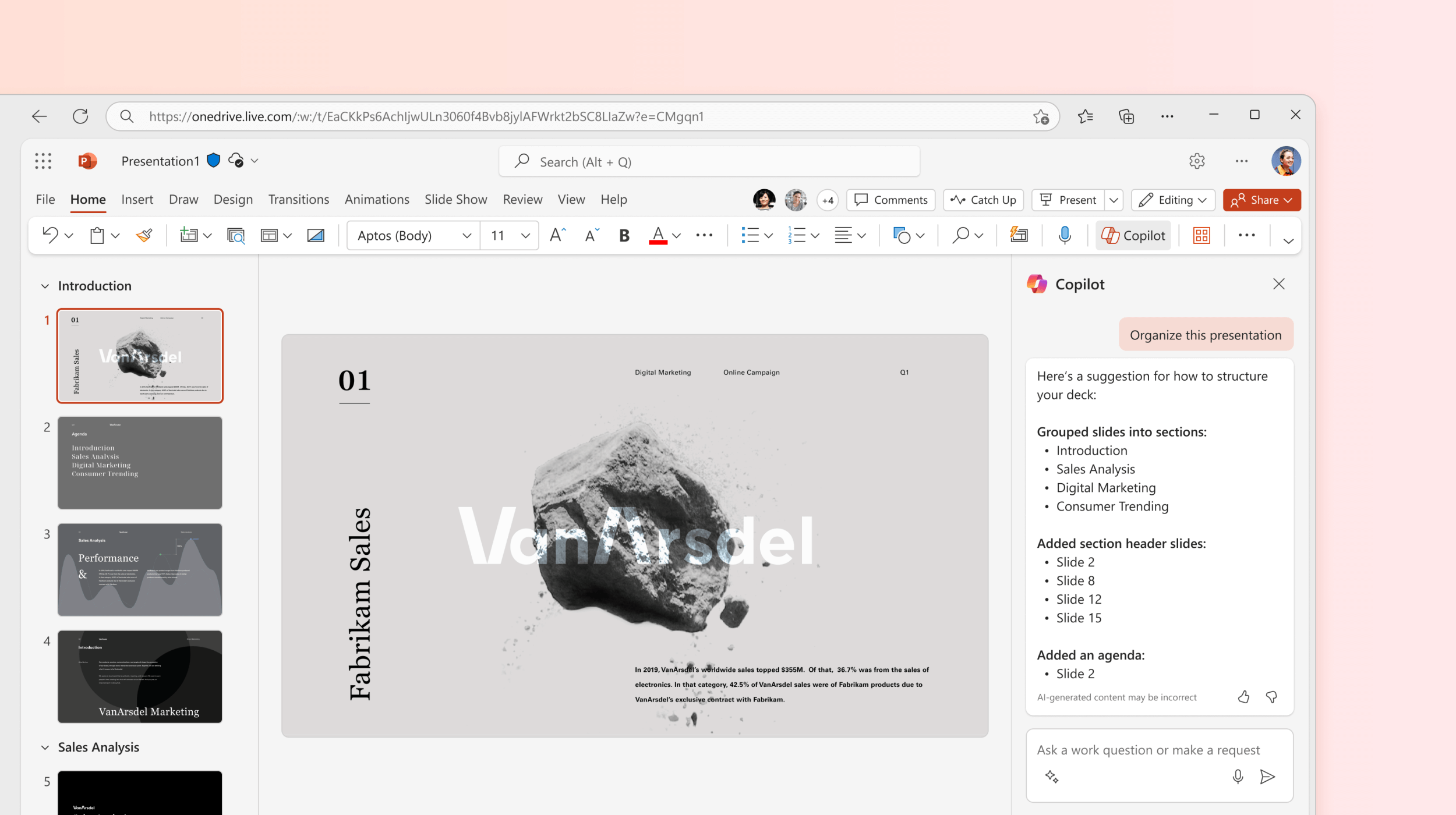 Screenshot shows Copilot in PowerPoint organizing the presentation.