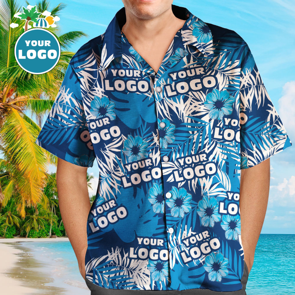 Custom Logo Hawaiian Shirts Flowers and Leaves Design Personalized Aloha Beach Shirt For Men