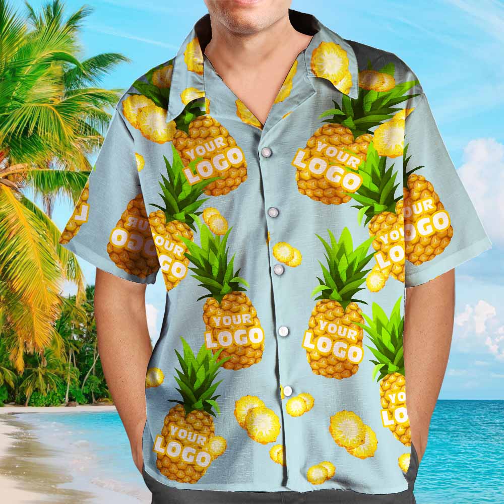 Custom Logo Hawaiian Shirts Blue Funny Pineapple Personalized Aloha Beach Shirt For Men