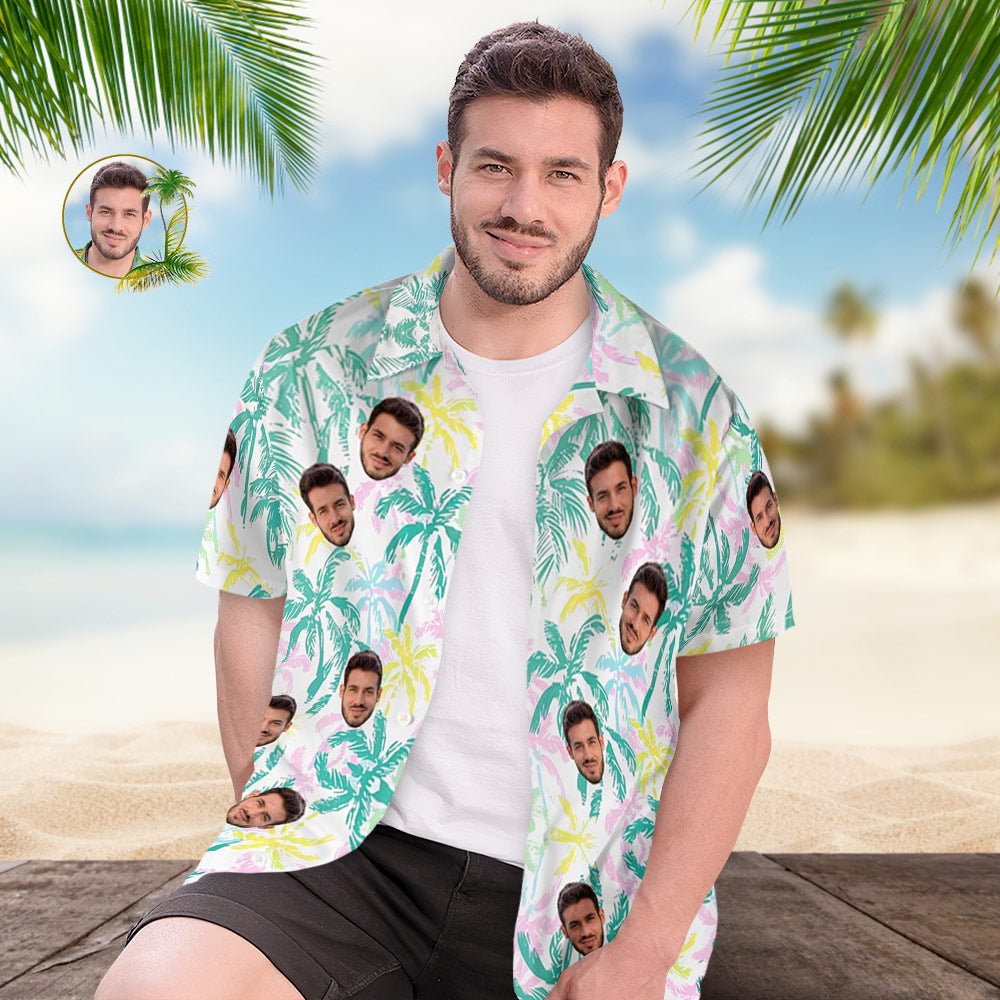 Custom Face Hawaiian Shirt Couple Outfit Vibe Vocation Hawaiian Shirt Colorful Palm Trees - MyHawaiianShirts