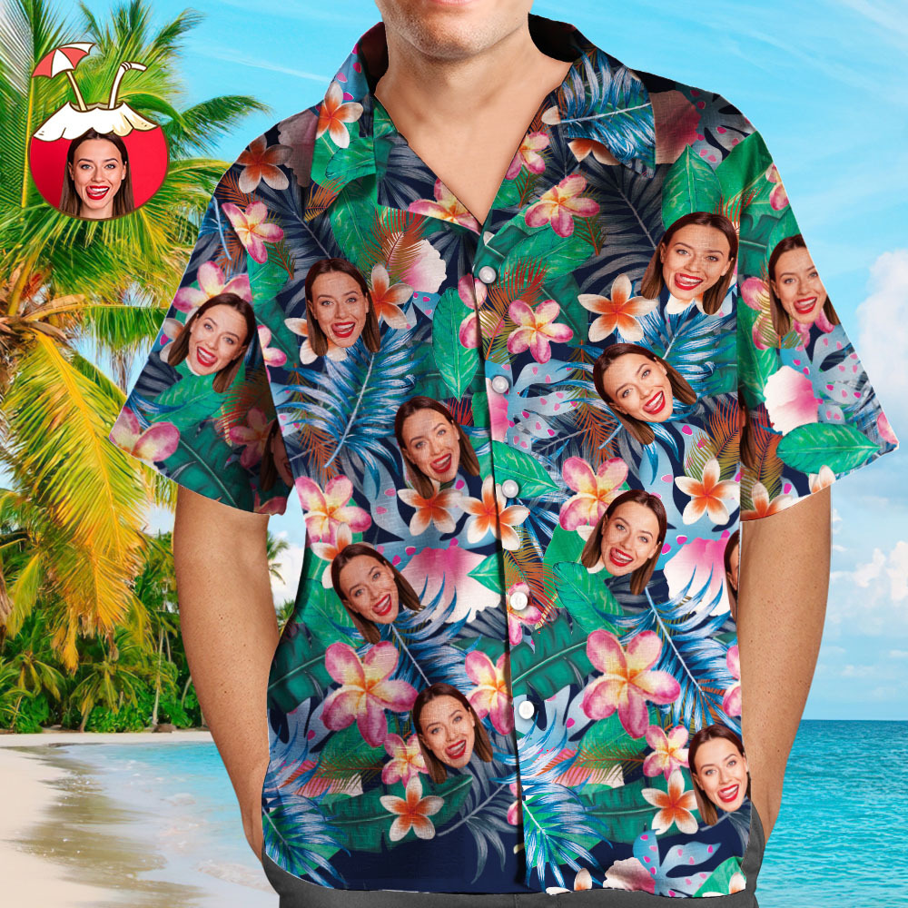 Custom Photo Hawaiian Shirt Parent-child Wears Personalised Face Hawaiian Shirt Gift Colorful Flowers