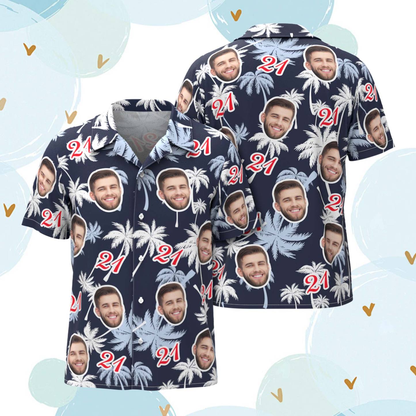 Custom Face And Number Birthday Hawaiian Shirts Red And White Coconut Tree Shirts - MyHawaiianShirts