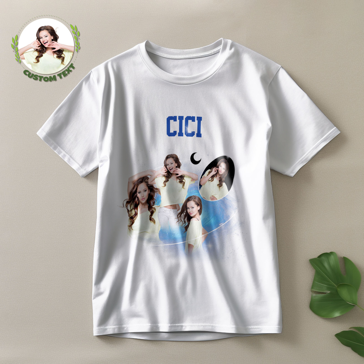 Custom Photo and Name Vintage T-Shirt Cosmic Galaxy and Crescent Moon Vintage T-Shirt Gift for Women - MyHawaiianShirts