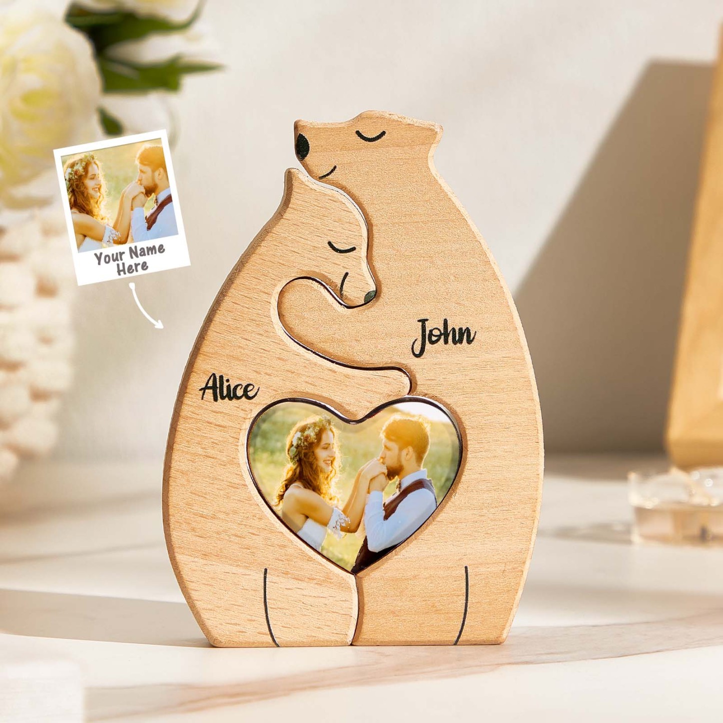 Personalized Bear Couple Wooden Art Puzzle with Names and Photos Gift for Couple - soufeelmy