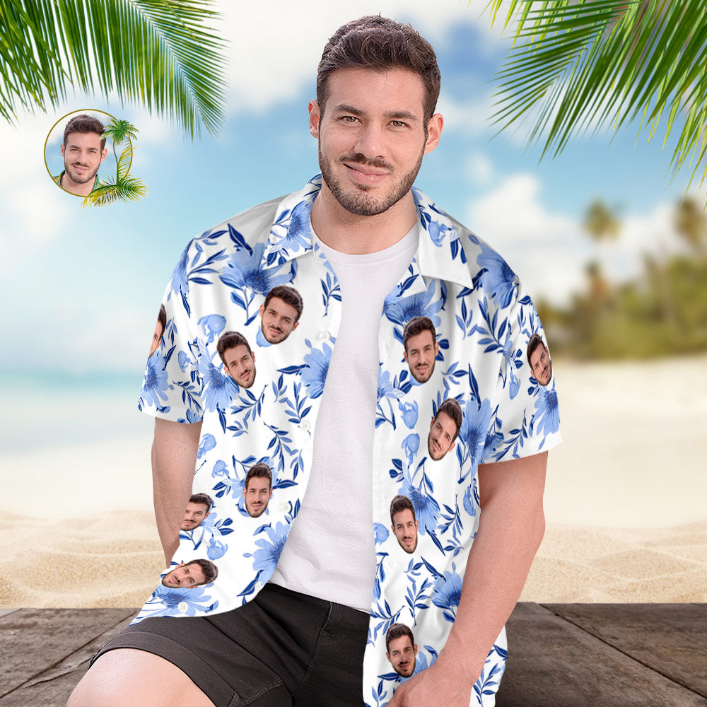 Custom Face All Over Print Men's Hawaiian Shirt Blue Leaves Gift for Him - MyHawaiianShirts