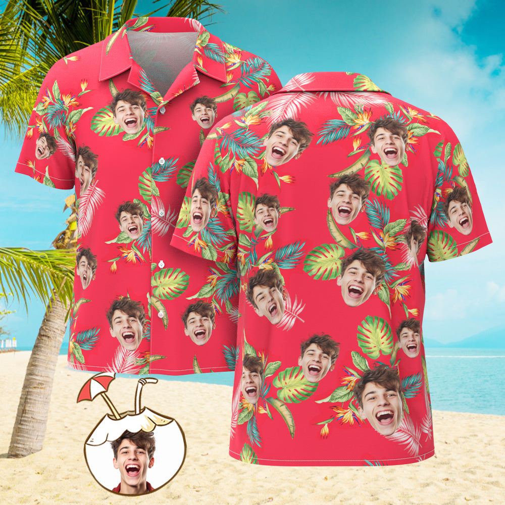 Custom Men's Shirt Face All Over Print  Hawaiian Shirt red Leaves - MyHawaiianShirts