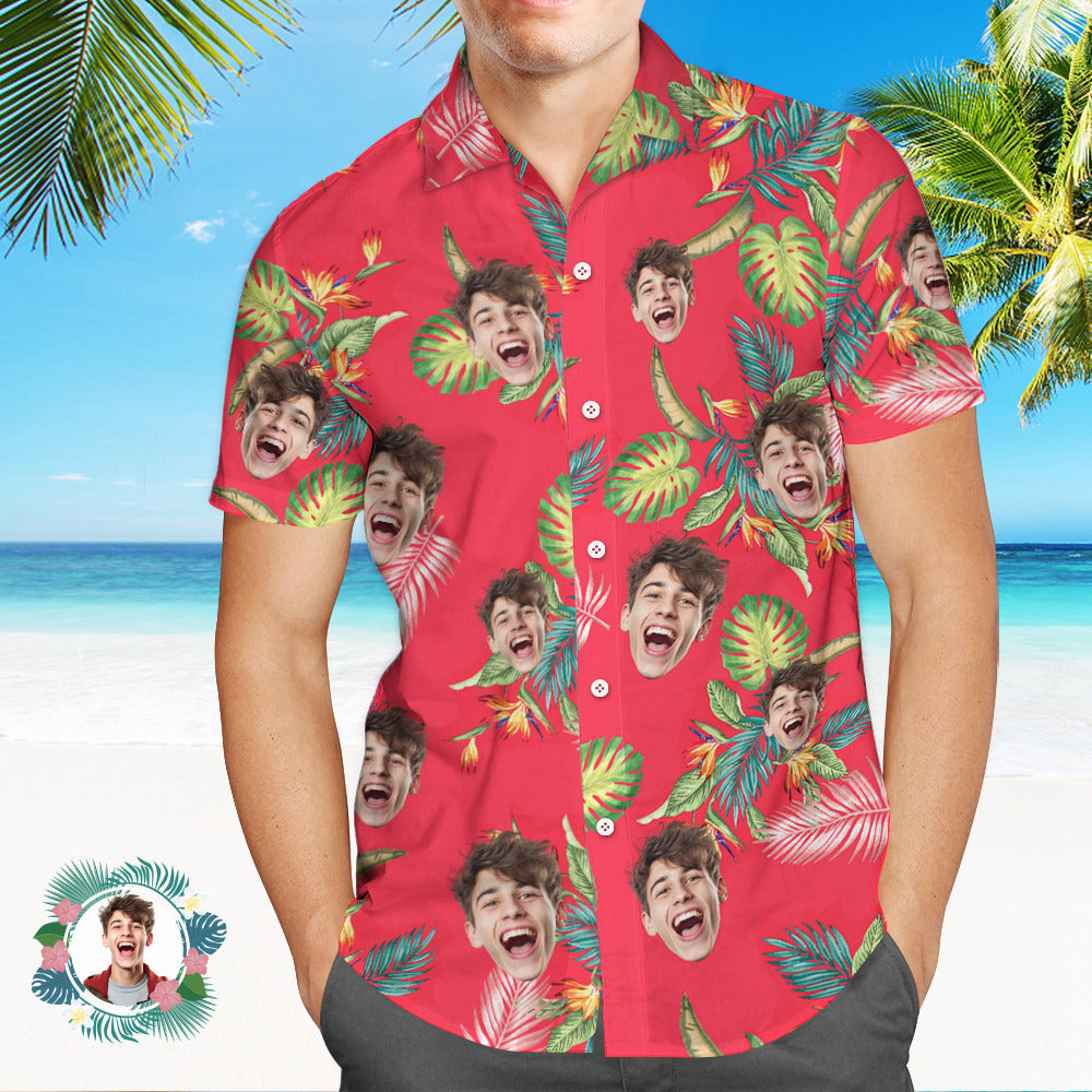 Custom Men's Shirt Face All Over Print  Hawaiian Shirt red Leaves - MyHawaiianShirts