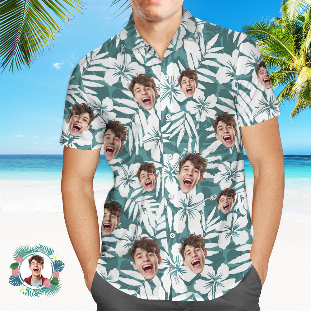 Custom Men's Shirt Face All Over Print Hawaiian Shirt White Green Large Leaves - MyHawaiianShirts
