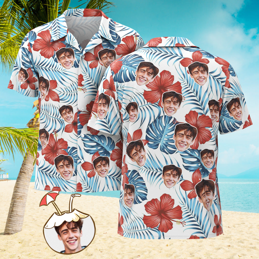 Custom Men's Shirt Face All Over Print Hawaiian Shirt White Hibiscus - MyHawaiianShirts