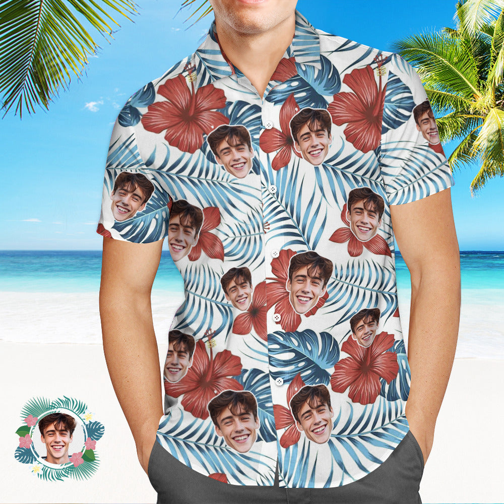Custom Men's Shirt Face All Over Print Hawaiian Shirt White Hibiscus - MyHawaiianShirts