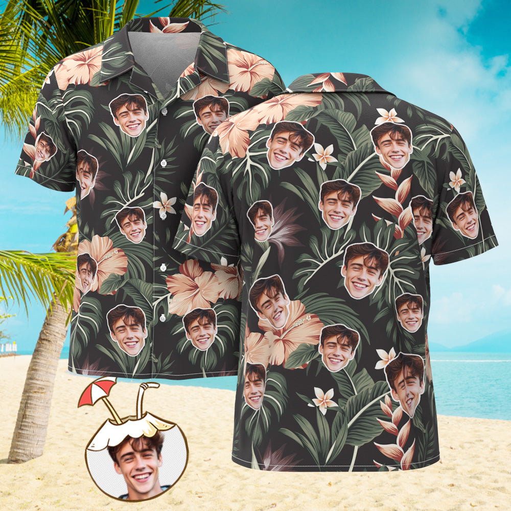 Custom Men's Shirt Face All Over Print  Hawaiian Shirt Grey Leaves - MyHawaiianShirts