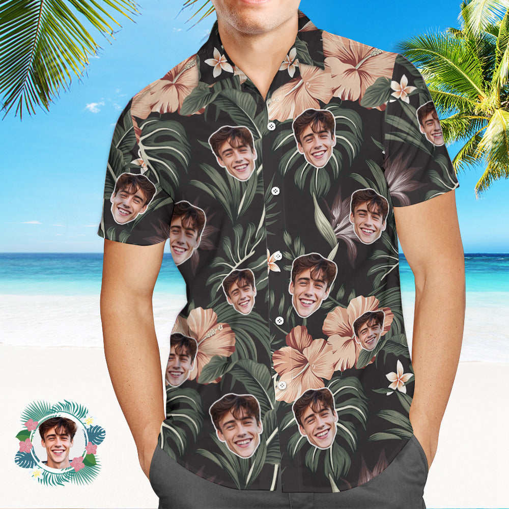 Custom Men's Shirt Face All Over Print  Hawaiian Shirt Grey Leaves - MyHawaiianShirts