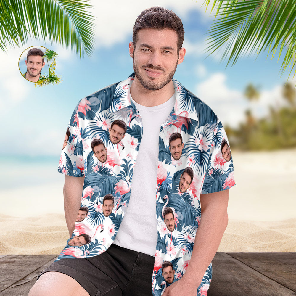 Custom Face All Over Print Men's Hawaiian Shirt Flamingo and Flowers Blue Leaves - MyHawaiianShirts