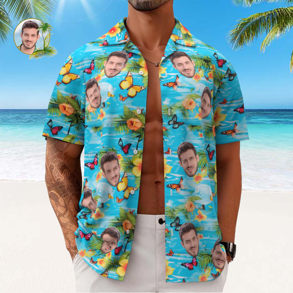 Custom Face All Over Print Men's Hawaiian Shirt Butterflies Yellow Flowers and Leaves - MyHawaiianShirts