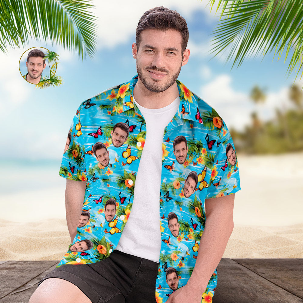 Custom Face All Over Print Men's Hawaiian Shirt Butterflies Yellow Flowers and Leaves - MyHawaiianShirts