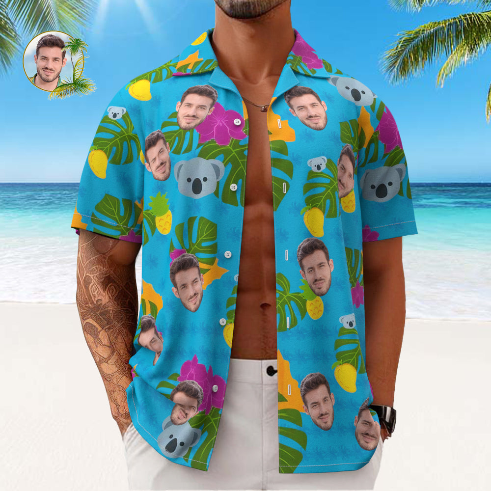 Custom Face All Over Print Men's Hawaiian Shirt Cute Koala and Leaves Gift for Him - MyHawaiianShirts