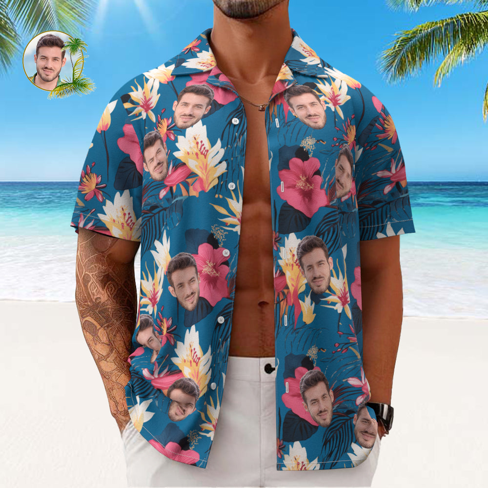 Custom Face All Over Print Men's Hawaiian Shirt Pink Flowers and Monstera Deliciosa - MyHawaiianShirts