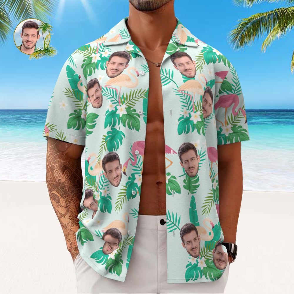 Custom Men's Shirt Face All Over Print  Hawaiian Shirt Green Leaves and Flamingo - MyHawaiianShirts