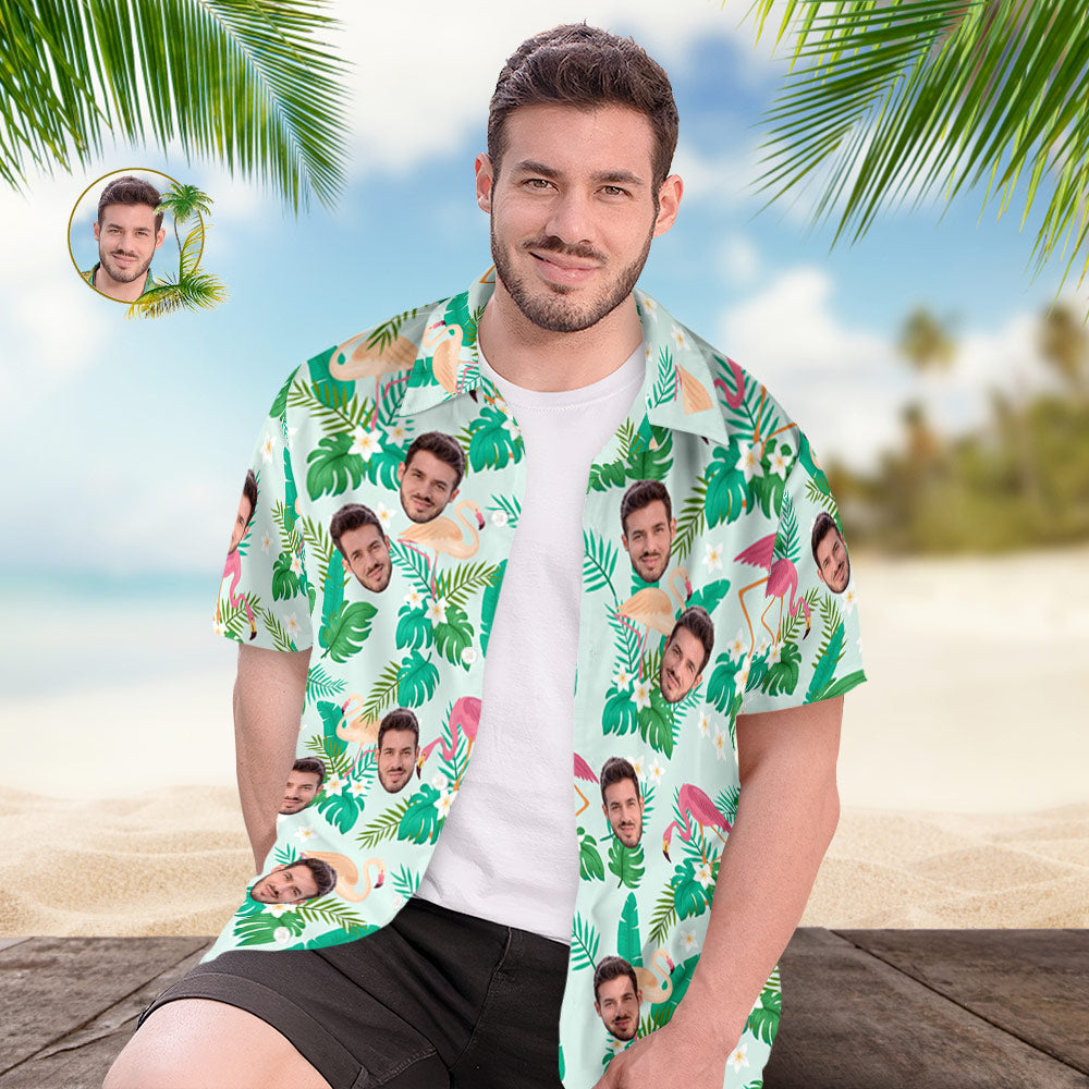 Custom Men's Shirt Face All Over Print  Hawaiian Shirt Green Leaves and Flamingo - MyHawaiianShirts