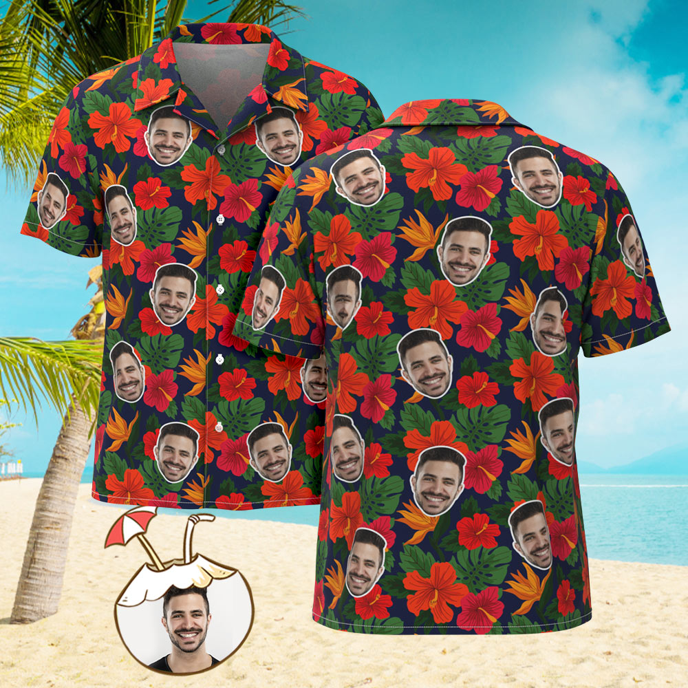 Custom Men's Shirt Face All Over Print Hawaiian Shirt Hibiscus Gifts - MyHawaiianShirts