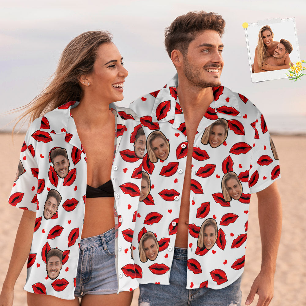 Custom Face Hawaiian Style Shirt Funny Red Lips Couple Outfit - MyHawaiianShirts