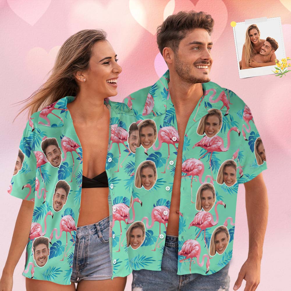 Custom Face Hawaiian Shirt Flamingo Tropical Shirt Couple Outfit ALL Over Printed Green and Palm Leaves - MyHawaiianShirts