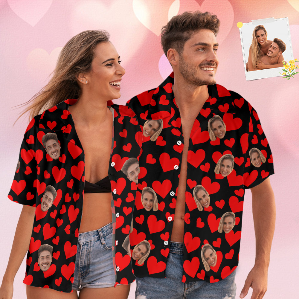 Custom Face Hawaiian Shirt Flamingo Tropical Shirt Couple Outfit Red Hearts Valentine's Day Gifts for Couple