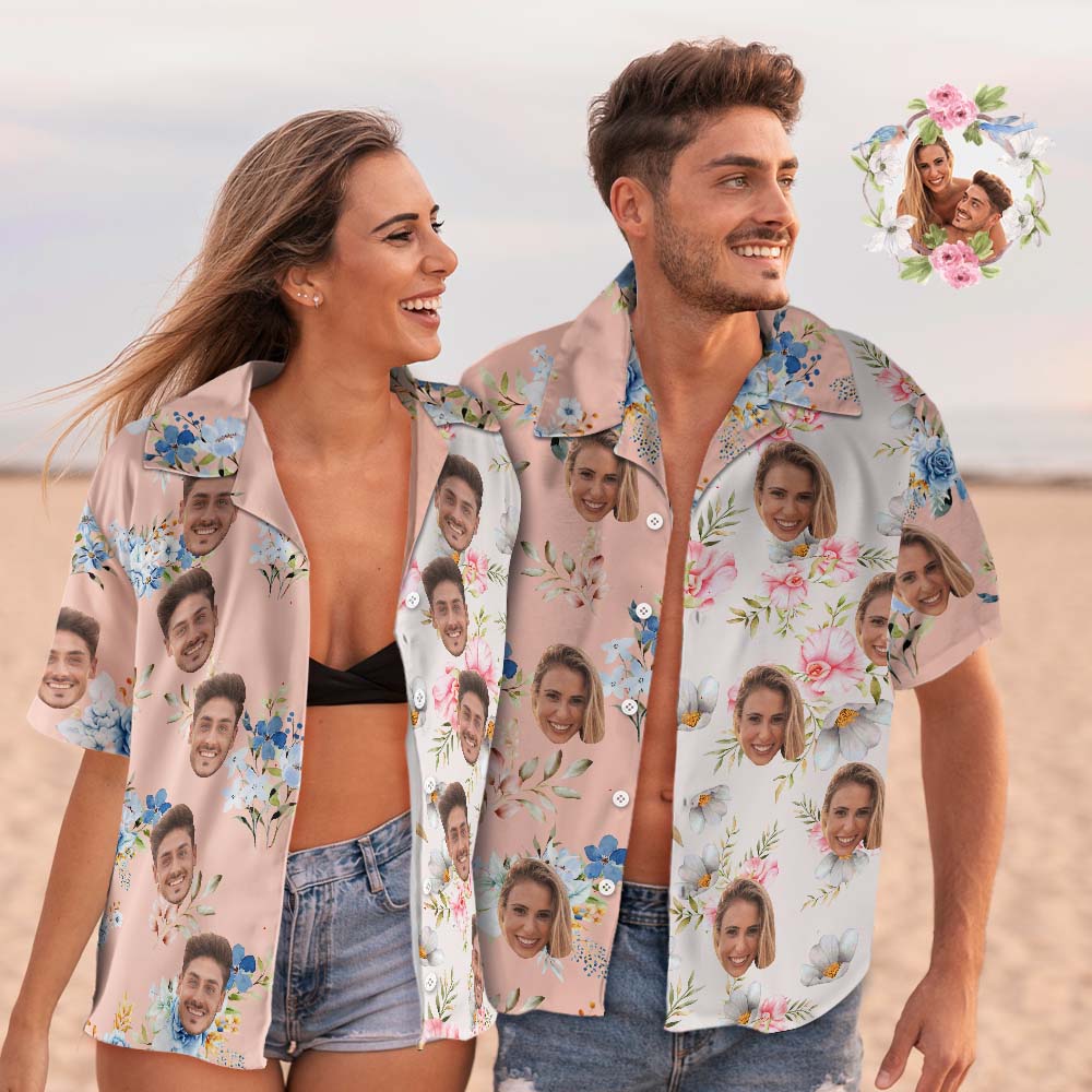 Custom Face Hawaiian Shirt Shirt Couple Outfit Patchwork Printing Shirt Valentine's Day Gifts - MyHawaiianShirts