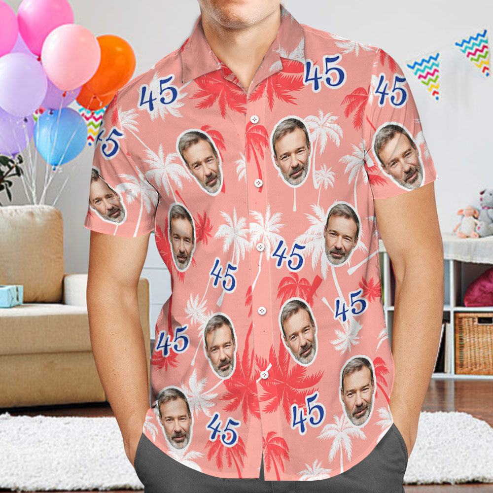 Custom Face And Number Birthday Hawaiian Shirts Red And White Coconut Tree Shirts