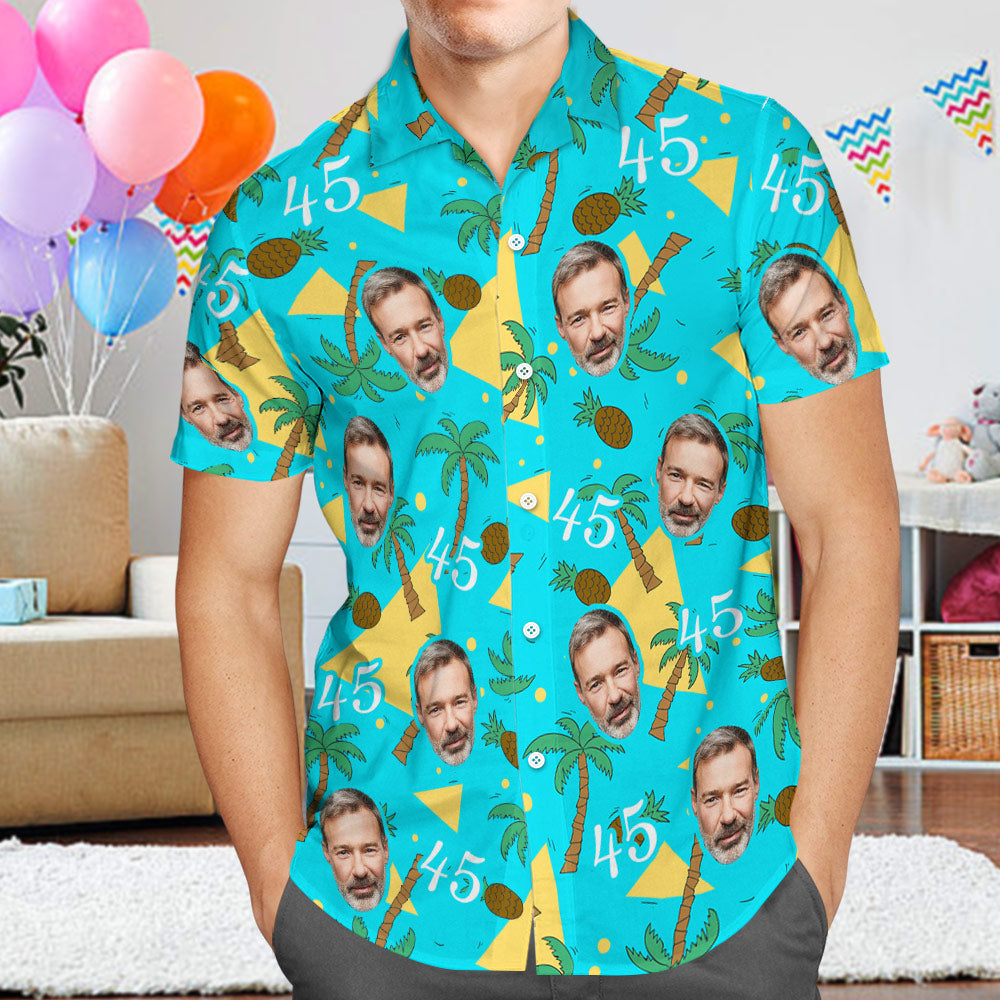 Custom Multi-color Face and Numbers Hawaiian Shirt Coconut Tree and Pineapple Gift for Men