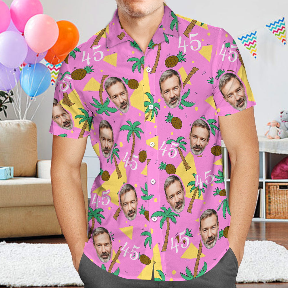 Custom Multi-color Face and Numbers Hawaiian Shirt Coconut Tree and Pineapple Gift for Men