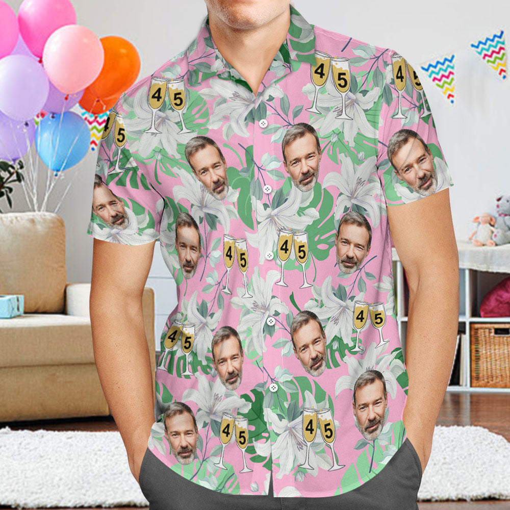 Custom Face Hawaiian Shirt Father's Day Birthday Present Number in Wine Glass Pink And Green Sleeves Face Hawaiian Shirt Gift for Dad - MyHawaiianShirts