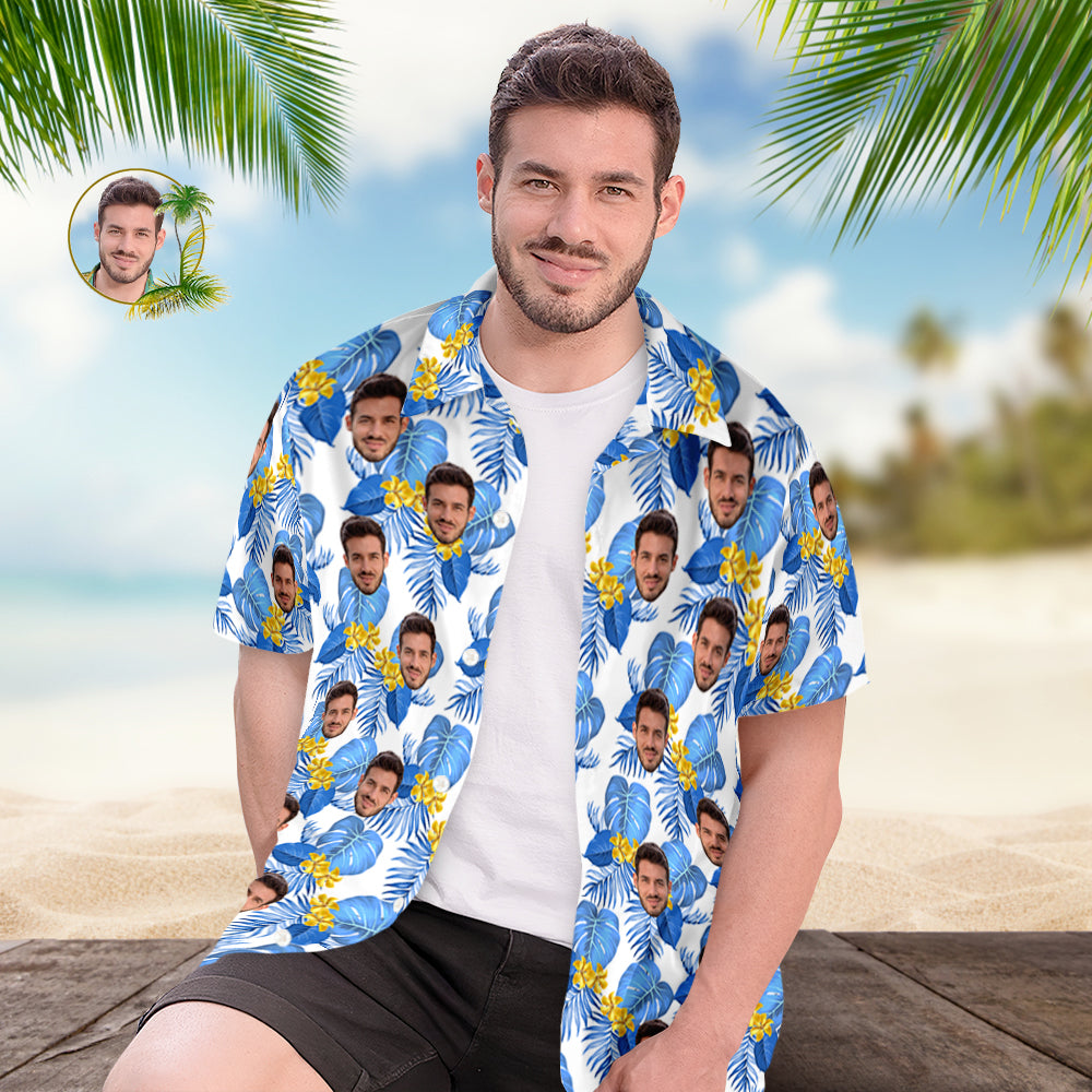 Custom Hawaiian Shirt for Men Personalized Short Sleeves Shirt with Picture Face Photo Printed Hawaii Shirt Blue Flower - MyHawaiianShirts