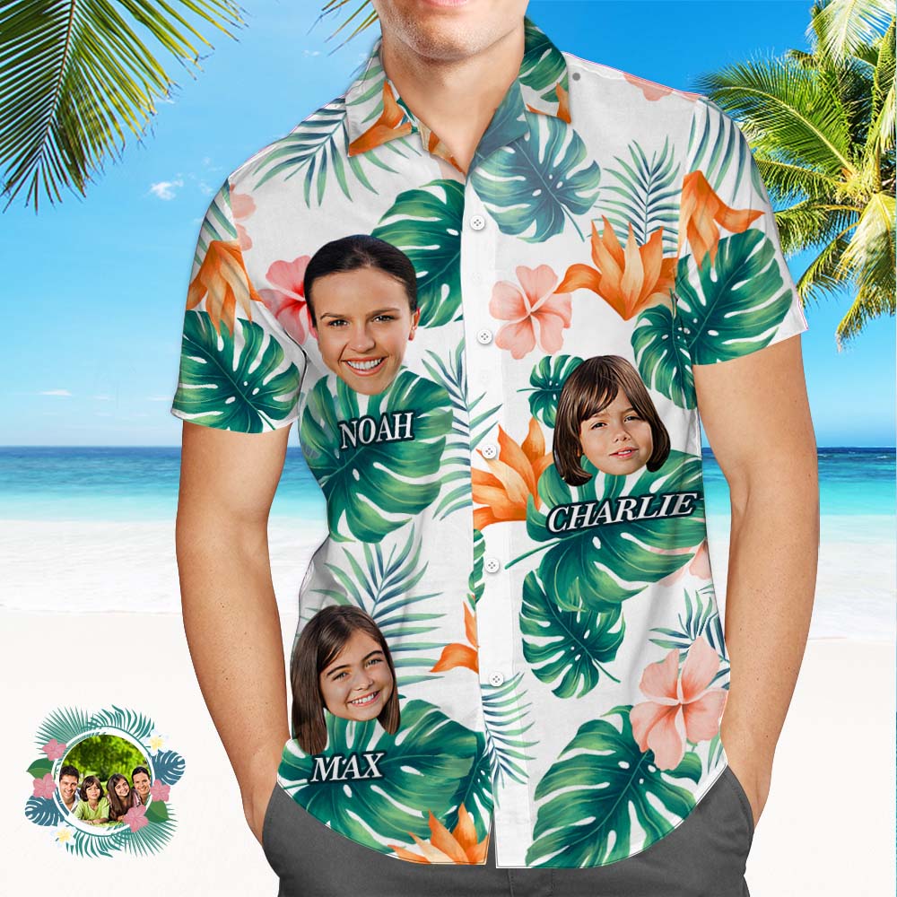 Custom Multi Photo Face And Text Hawaiian Shirt With Palm Leaves And Colorful Flowers - MyHawaiianShirts