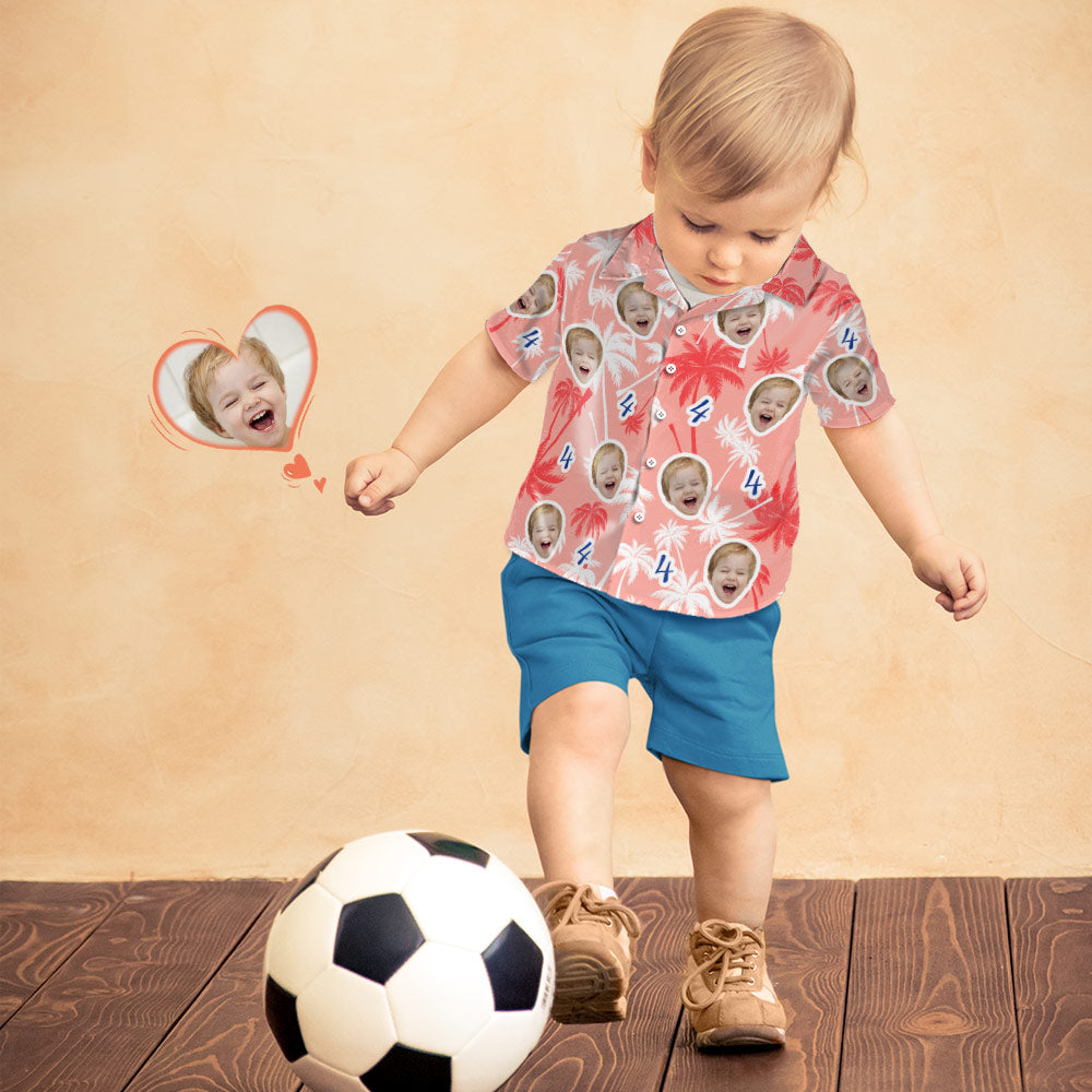 Custom Face And Number Kid's Birthday Hawaiian Shirts Red And White Coconut Tree Shirts Birthday Gift - MyHawaiianShirts