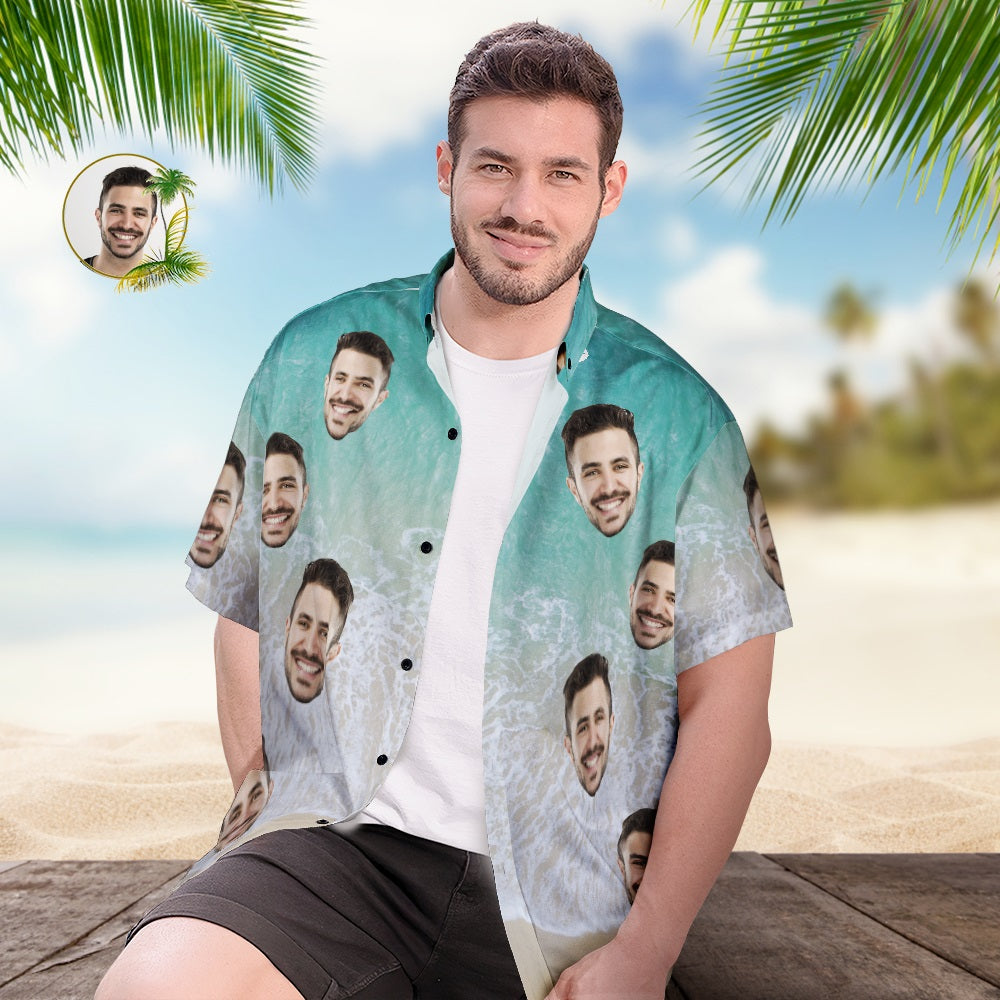 Custom Face Hawaiian Shirt Personalized Men's Photo Wave Print Shirt Vacation Party Gift - MyHawaiianShirts